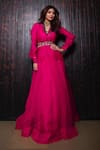 Buy_Ridhi Mehra_Pink Organza V Neck Shirt And Skirt Set  _at_Aza_Fashions