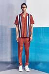 Buy_Line Out Line_Brown Cotton Poly Blend Stripes Panelled Half Sleeve Shirt_at_Aza_Fashions