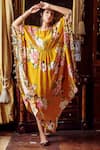 Buy_Kalista_Orange Crepe Floral Motifs Boat Neck Ezrine Print Kaftan _at_Aza_Fashions