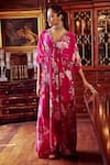 Buy_Kalista_Pink Crepe Hand Painted Floral Motifs V Neck Debina Print Kaftan _at_Aza_Fashions