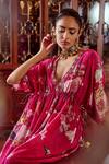 Shop_Kalista_Pink Crepe Hand Painted Floral Motifs V Neck Debina Print Kaftan _Online_at_Aza_Fashions