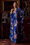 Buy_Kalista_Blue Crepe Hand Painted Floral Motifs V Neck Fiona Print Kaftan _at_Aza_Fashions