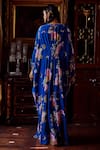 Shop_Kalista_Blue Crepe Hand Painted Floral Motifs V Neck Fiona Print Kaftan _at_Aza_Fashions