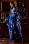 Kalista_Blue Crepe Hand Painted Floral Motifs V Neck Fiona Print Kaftan _Online_at_Aza_Fashions