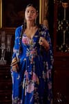 Kalista_Blue Crepe Hand Painted Floral Motifs V Neck Fiona Print Kaftan _at_Aza_Fashions