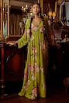 Buy_Kalista_Green Crepe Hand Painted Floral Motifs V Neck Nazrin Print Kaftan _Online_at_Aza_Fashions