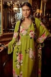 Shop_Kalista_Green Crepe Hand Painted Floral Motifs V Neck Nazrin Print Kaftan _Online_at_Aza_Fashions