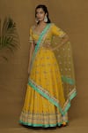 Buy_Aariyana Couture_Yellow Tafetta Square Neck Embroidered Bridal Lehenga Set _Online_at_Aza_Fashions