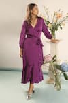 Buy_Your Silq_Purple Silk Satin Plain V Neck Aleah Ruffle Dress _at_Aza_Fashions