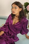 Buy_Your Silq_Purple Silk Satin Plain V Neck Aleah Ruffle Dress _Online_at_Aza_Fashions