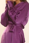 Shop_Your Silq_Purple Silk Satin Plain V Neck Soraya Wrap Dress  _at_Aza_Fashions