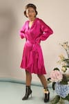 Buy_Your Silq_Pink Silk Satin Plain V Neck Soraya Ruffle Wrap Dress _at_Aza_Fashions