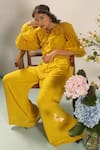 Shop_Your Silq_Yellow Georgette Plain V Neck Layla Ruffle Puff Sleeve Jumpsuit  _at_Aza_Fashions