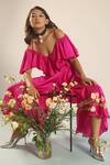 Shop_Your Silq_Pink Silk Satin Plain V Neck Nora Ruffle Dress  _at_Aza_Fashions