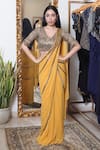 Buy_Devika Seth_Yellow Georgette Embroidery V Neck Embellished Pre-draped Saree _at_Aza_Fashions