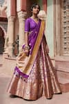 Weaver Story_Purple Pure Silk Printed Floral V Neck Bageecha Banarasi Lehenga Set _Online_at_Aza_Fashions