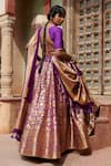 Shop_Weaver Story_Purple Pure Silk Printed Floral V Neck Bageecha Banarasi Lehenga Set _Online_at_Aza_Fashions