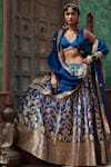 Buy_Weaver Story_Blue Katan Silk And Georgette & Organza Floral V Neck Woven Bridal Lehenga Set _at_Aza_Fashions