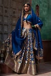 Weaver Story_Blue Katan Silk And Georgette & Organza Floral V Neck Woven Bridal Lehenga Set _Online_at_Aza_Fashions