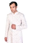 Dev R Nil_White Silk Embroidered Sherwani_at_Aza_Fashions