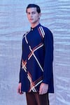 Line out line_Blue Cotton Embroidered Mandarin Collar Short Kurta  _Online_at_Aza_Fashions