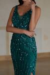 Nadine Dhody_Green Tulle Embroidery Sequin V Neck Gaia Gown  _Online_at_Aza_Fashions