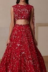 Nadine Dhody_Red Tulle Embroidery Sequin Round Laura Draped Blouse And Lehenga Set  _Online_at_Aza_Fashions