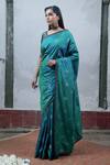 Buy_Latha Puttanna_Blue Silk V Neck Hand Block Printed Saree _at_Aza_Fashions