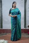 Latha Puttanna_Blue Silk V Neck Hand Block Printed Saree _Online_at_Aza_Fashions