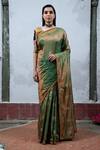 Buy_Latha Puttanna_Green Silk V Neck Hand Block Printed Saree _at_Aza_Fashions