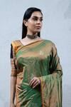 Buy_Latha Puttanna_Green Silk V Neck Hand Block Printed Saree _Online_at_Aza_Fashions