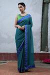 Buy_Latha Puttanna_Blue Chiffon Round Hand Block Printed Saree With Blouse_at_Aza_Fashions