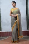 Buy_Latha Puttanna_Grey Chiffon Round Hand Block Printed Saree With Blouse _at_Aza_Fashions