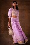Buy_LATHA PUTTANNA_Purple Blouse Brocade Embroidered Floral Motifs Puff Sleeve With Lehenga Set _at_Aza_Fashions