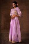 LATHA PUTTANNA_Purple Blouse Brocade Embroidered Floral Motifs Puff Sleeve With Lehenga Set _Online_at_Aza_Fashions