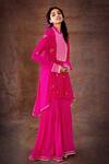 Buy_LATHA PUTTANNA_Pink Georgette Ganderbunda Motifs Band Collar Asymmetric Kurta And Sharara Set _at_Aza_Fashions