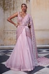 Buy_Bindani by Jigar & Nikita_Pink Net Linear Embroidered Blouse And Lehenga Set_at_Aza_Fashions