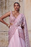 Bindani by Jigar & Nikita_Pink Net Linear Embroidered Blouse And Lehenga Set_Online_at_Aza_Fashions