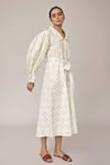 Shop_Pallavi Kandoi_White 100% Cotton Printed Floral Straight Collar Puff Sleeve Dress _Online_at_Aza_Fashions