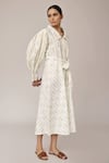 Buy_Pallavi Kandoi_White 100% Cotton Printed Floral Straight Collar Puff Sleeve Dress _Online_at_Aza_Fashions