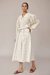 Buy_Pallavi Kandoi_White 100% Cotton Printed Floral Straight Collar Puff Sleeve Dress _at_Aza_Fashions