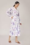 Pallavi Kandoi_Purple 100% Cotton Printed Floral Straight Collar Puff Sleeve Dress _Online_at_Aza_Fashions