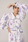 Pallavi Kandoi_Purple 100% Cotton Printed Floral Straight Collar Puff Sleeve Dress _at_Aza_Fashions