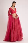 Shop_Koashee by Shubitaa_Red Silk Organza Printed Floral V Neck Lehenga Set _at_Aza_Fashions