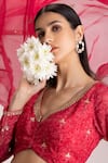 Koashee by Shubitaa_Red Silk Organza Printed Floral V Neck Lehenga Set _Online_at_Aza_Fashions