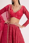 Shop_Koashee by Shubitaa_Red Silk Organza Printed Floral V Neck Lehenga Set _Online_at_Aza_Fashions
