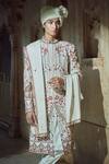 Shop_Bindani by Jigar & Nikita_Green Linen Satin Floral Embroidered Sherwani Set_at_Aza_Fashions
