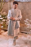 Buy_Bindani by Jigar & Nikita_Grey Habutai Silk Embroidered Sherwani Set_at_Aza_Fashions
