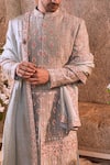 Shop_Bindani by Jigar & Nikita_Grey Habutai Silk Embroidered Sherwani Set_at_Aza_Fashions