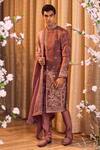 Buy_Jigar & Nikita_Maroon Habutai Silk Embroidery Thread And Sequin Sherwani Set  _at_Aza_Fashions